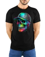 Colorful Skull Art T-Shirt, Cool Graphic Street Style Tee - model wearing black shirt, hands behind back