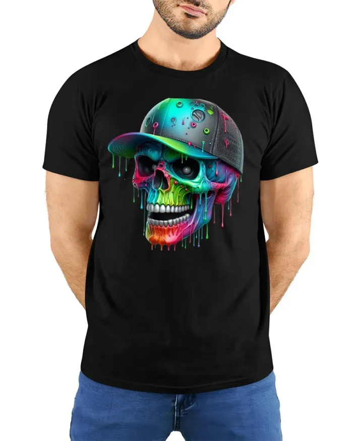 Colorful Skull Art T-Shirt, Cool Graphic Street Style Tee - model wearing black shirt, hands behind back
