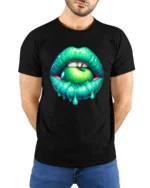 Green Apple Mouth Tee, Edgy Glossy Lips Graphic T-Shirt - model wearing black shirt, hands behind back