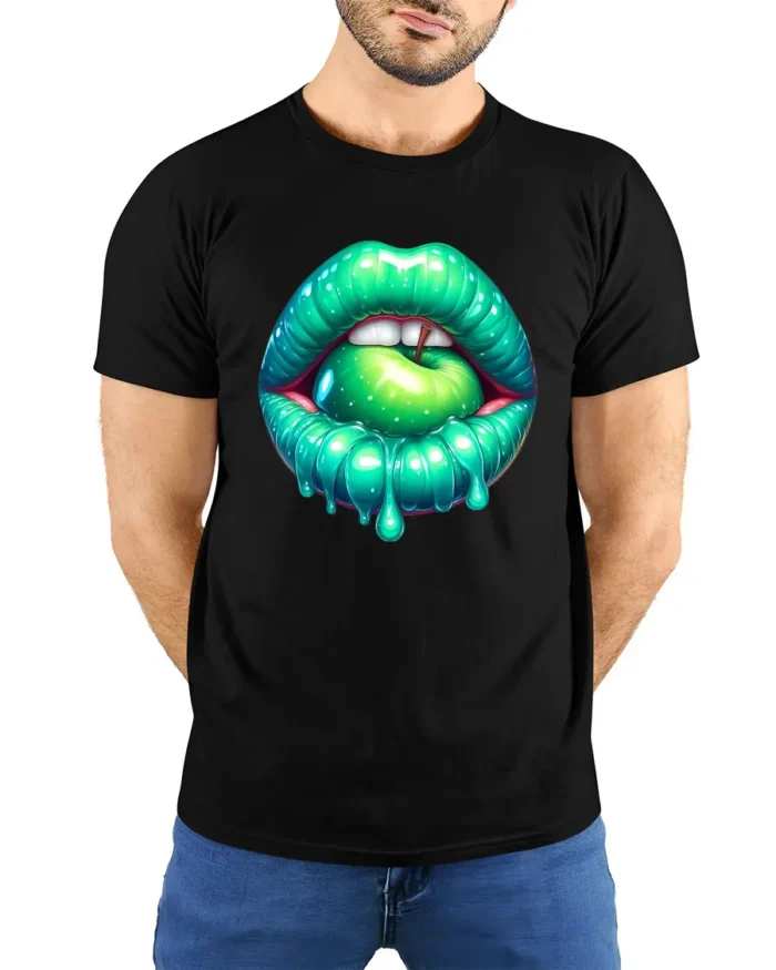 Green Apple Mouth Tee,  Edgy Glossy Lips Graphic T-Shirt - model wearing black shirt, hands behind back
