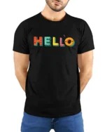 Hello Fun Graphic Tee, Colorful Letter Print T-Shirt - model wearing black shirt, hands behind back