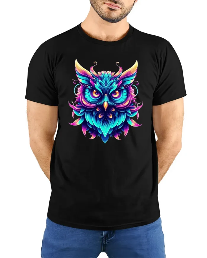 Mystic Owl Spirit Tee, Vivid Colors and Tribal Design T-Shirt - model wearing black shirt, hands behind back
