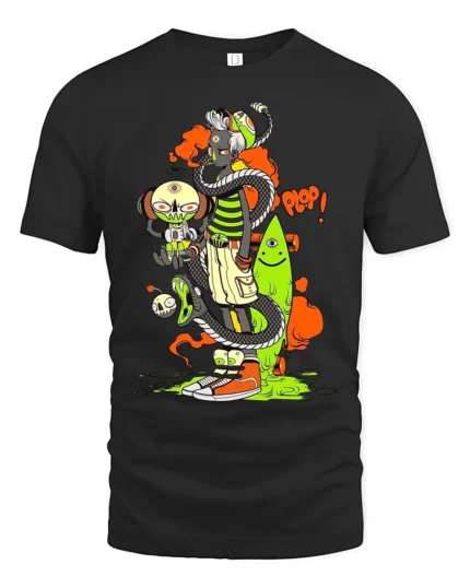 Surreal Monster Stack Funny Cartoon Art T-Shirt - black t-shirt on white background