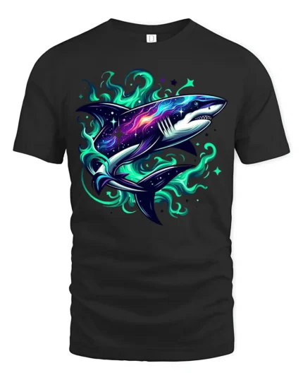Galaxy Shark Cosmic Space Predator T-Shirt - black t-shirt on white background