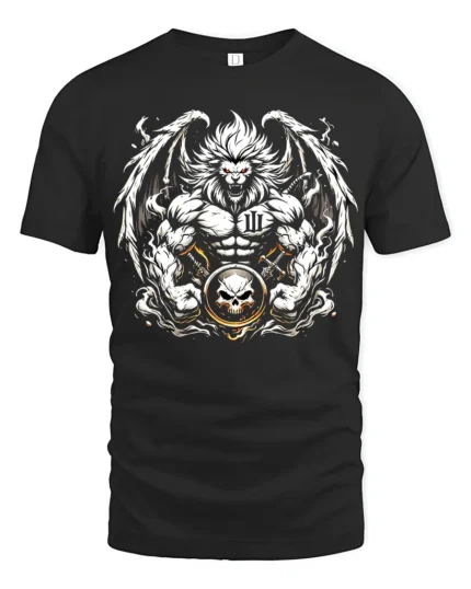 Warrior Lion T-Shirt Muscular Lion Skull Design - black t-shirt on white background