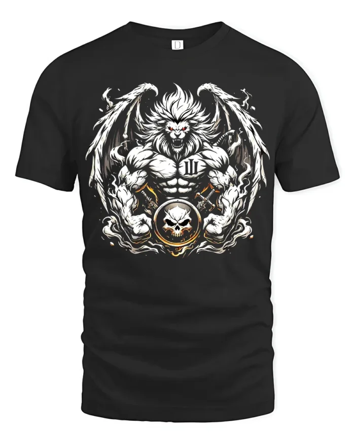 Warrior Lion T-Shirt Muscular Lion Skull Design - black t-shirt on white background