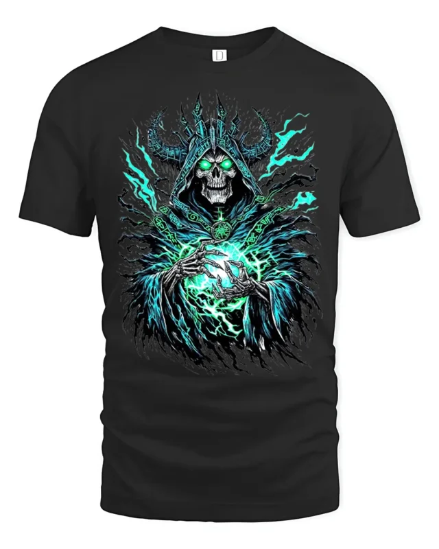 Necromancer Eerie Green Skull Sorcerer - black t-shirt on white background