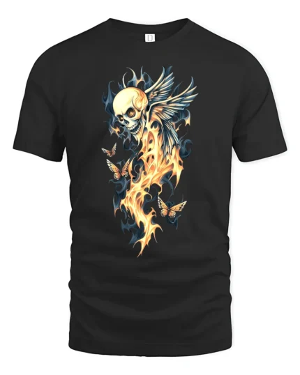 Winged Skull Fire Ethereal Skull Butterfly T-Shirt - black t-shirt on white background