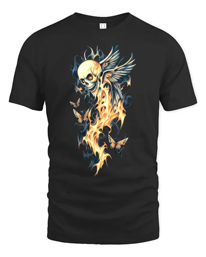 Winged Skull Fire Ethereal Skull Butterfly T-Shirt - black t-shirt on white background
