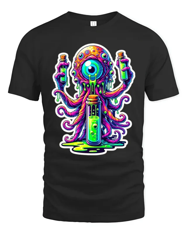Neon Alien Brain Trippy Monster Glow Monster T-Shirt - black t-shirt on white background