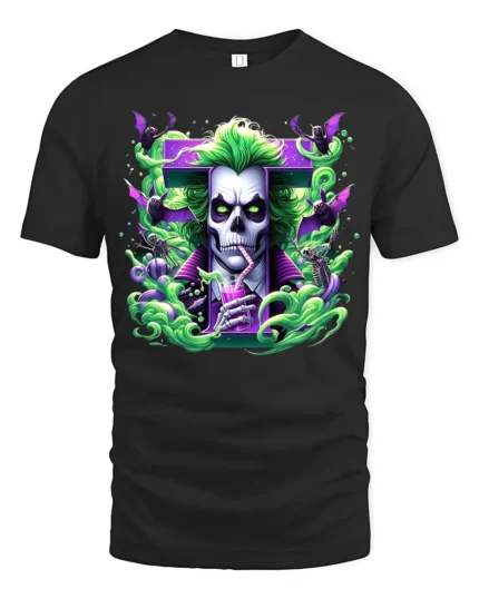 Creepy Joker Halloween Villain Skull Shirt - black t-shirt on white background
