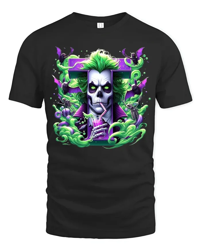Creepy Joker Halloween Villain Skull Shirt - black t-shirt on white background