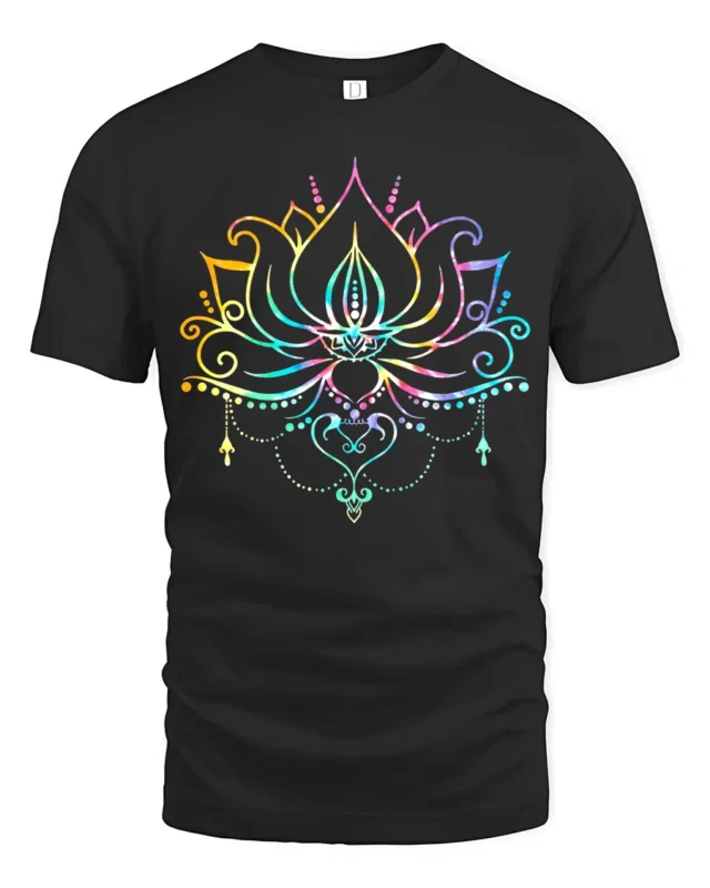 Rainbow Lotus Colorful Yoga Flower Zen T-Shirt - black t-shirt on white background