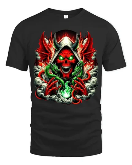 Infernal Skull T-Shirt Red Demon Green Dragon - black t-shirt on white background