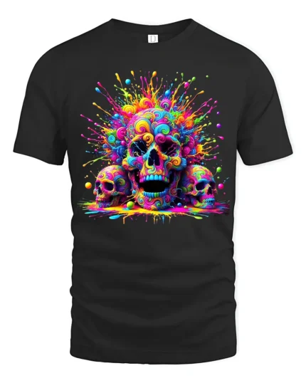 Rainbow Skull T-Shirt Vibrant Splatter Skull - black t-shirt on white background