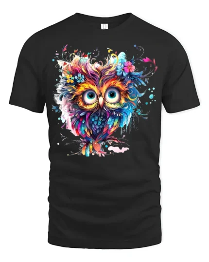 Vibrant Floral Owl Bohemian Style Colorful Bird T-Shirt for Nature Lovers - black t-shirt on white background