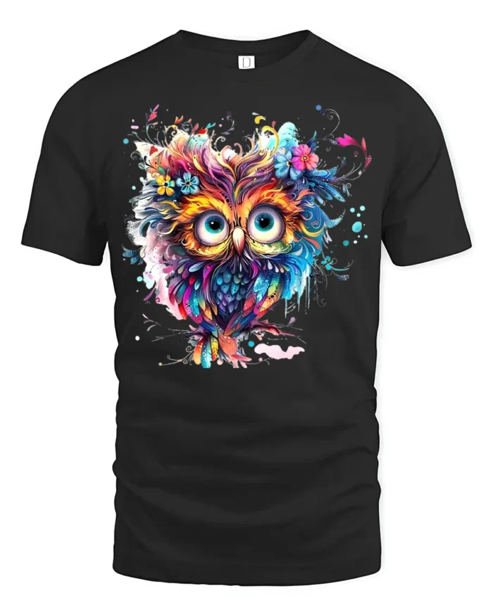 Vibrant Floral Owl Bohemian Style Colorful Bird T-Shirt for Nature Lovers - black t-shirt on white background