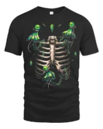 Mystic Skeleton Spirits Chained Glowing Ghosts and Ribcage Graphic Shirt - black t-shirt on white background