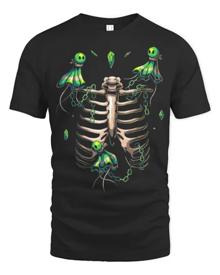 Mystic Skeleton Spirits Chained Glowing Ghosts and Ribcage Graphic Shirt - black t-shirt on white background