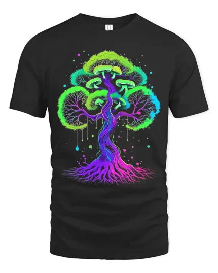 Neon Psychedelic Mushroom Tree Vibrant Trippy Fungi Forest T-Shirt - black t-shirt on white background