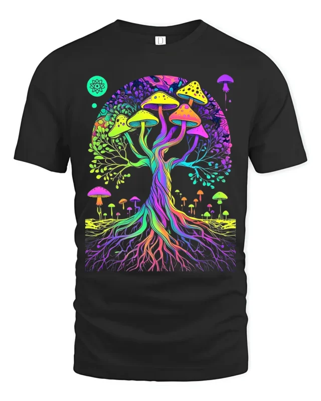 Psychedelic Shroom Tree Colorful Fungi T-Shirt - black t-shirt on white background