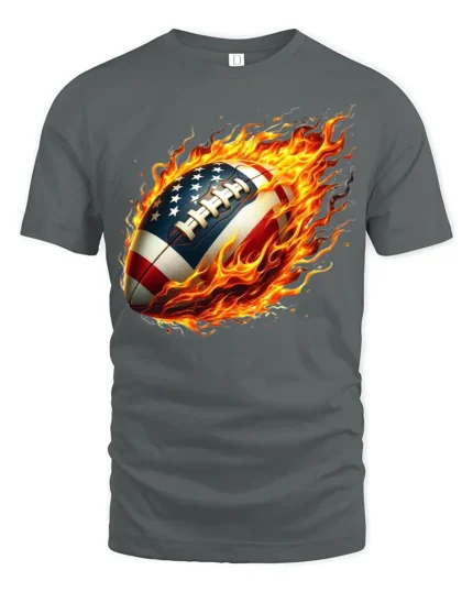 Flaming USA Football Patriotic Game T-Shirt - gray t-shirt on white background