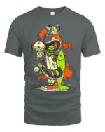 Surreal Monster Stack Funny Cartoon Art T-Shirt - gray t-shirt on white background