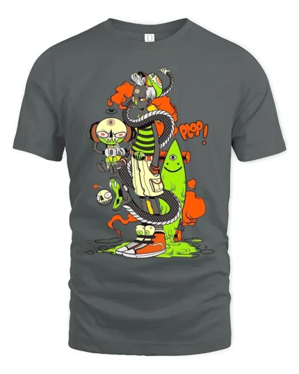 Surreal Monster Stack Funny Cartoon Art T-Shirt - gray t-shirt on white background