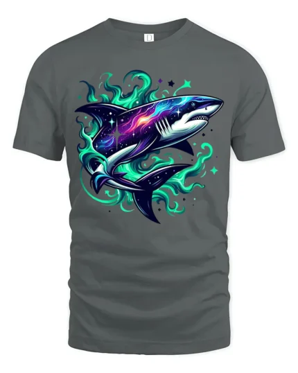 Galaxy Shark Cosmic Space Predator T-Shirt - gray t-shirt on white background