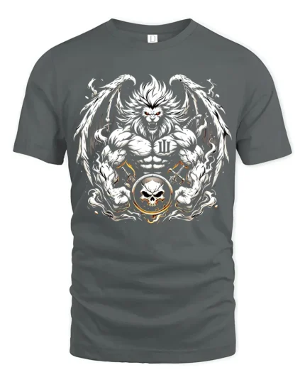 Warrior Lion T-Shirt Muscular Lion Skull Design - gray t-shirt on white background