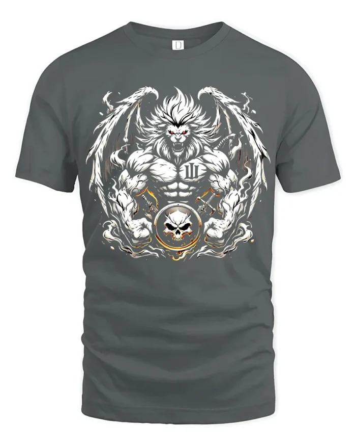 Warrior Lion T-Shirt Muscular Lion Skull Design - gray t-shirt on white background