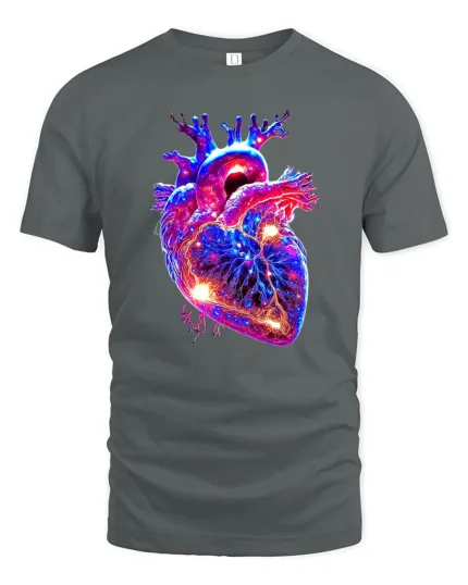 Neon Heart Vibrant Anatomical Love T-Shirt - gray t-shirt on white background