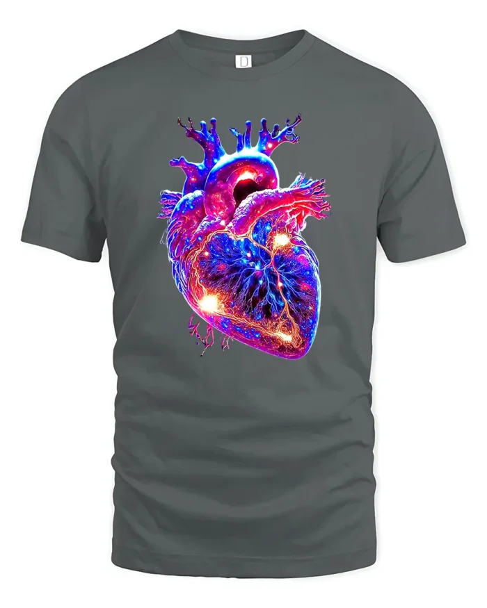 Neon Heart Vibrant Anatomical Love T-Shirt - gray t-shirt on white background