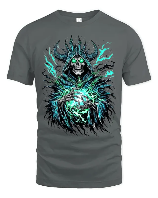 Necromancer Eerie Green Skull Sorcerer - gray t-shirt on white background