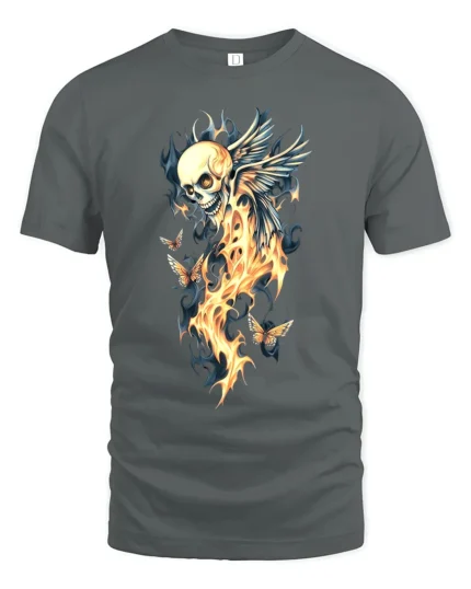 Winged Skull Fire Ethereal Skull Butterfly T-Shirt - gray t-shirt on white background