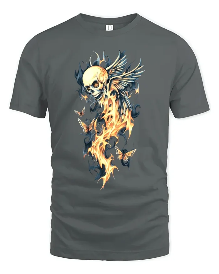 Winged Skull Fire Ethereal Skull Butterfly T-Shirt - gray t-shirt on white background