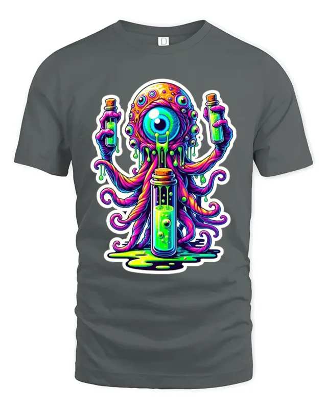 Neon Alien Brain Trippy Monster Glow Monster T-Shirt - gray t-shirt on white background