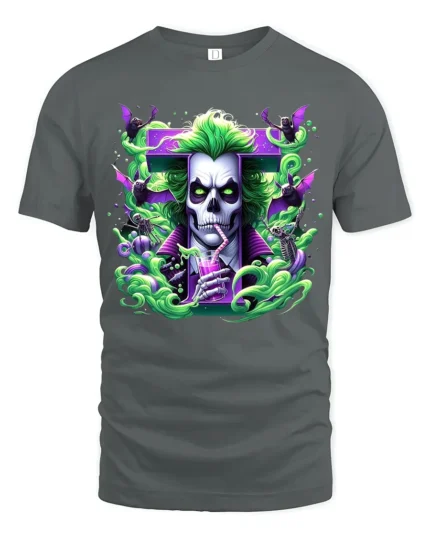 Creepy Joker Halloween Villain Skull Shirt - gray t-shirt on white background