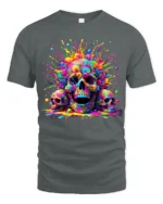 Rainbow Skull T-Shirt Vibrant Splatter Skull - gray t-shirt on white background