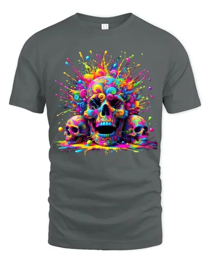 Rainbow Skull T-Shirt Vibrant Splatter Skull - gray t-shirt on white background