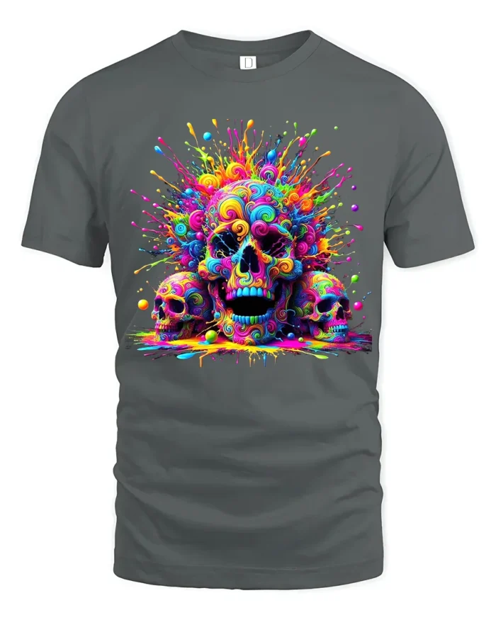 Rainbow Skull T-Shirt Vibrant Splatter Skull - gray t-shirt on white background