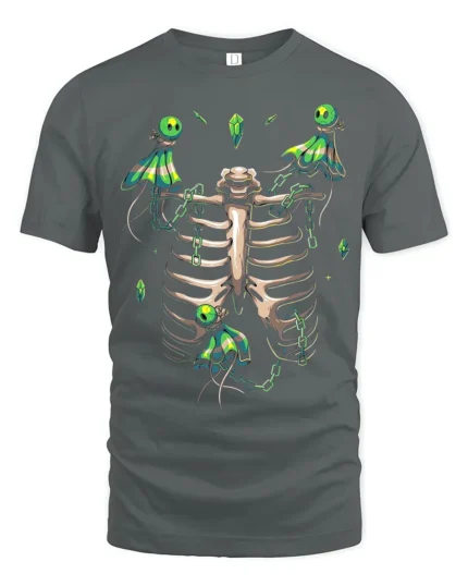 Mystic Skeleton Spirits Chained Glowing Ghosts and Ribcage Graphic Shirt - gray t-shirt on white background