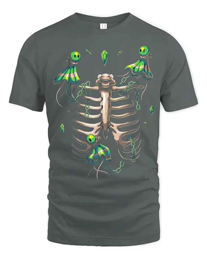 Mystic Skeleton Spirits Chained Glowing Ghosts and Ribcage Graphic Shirt - gray t-shirt on white background