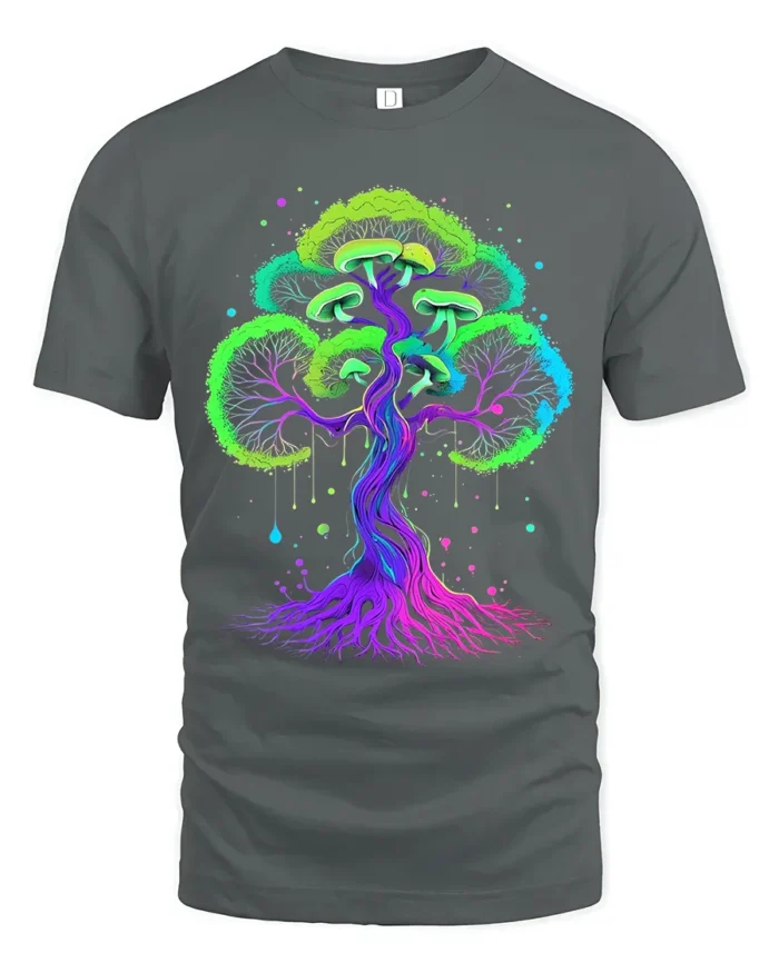 Neon Psychedelic Mushroom Tree Vibrant Trippy Fungi Forest T-Shirt - gray t-shirt on white background