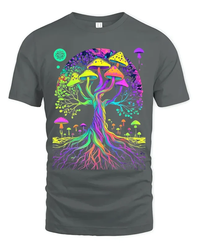 Psychedelic Shroom Tree Colorful Fungi T-Shirt - gray t-shirt on white background
