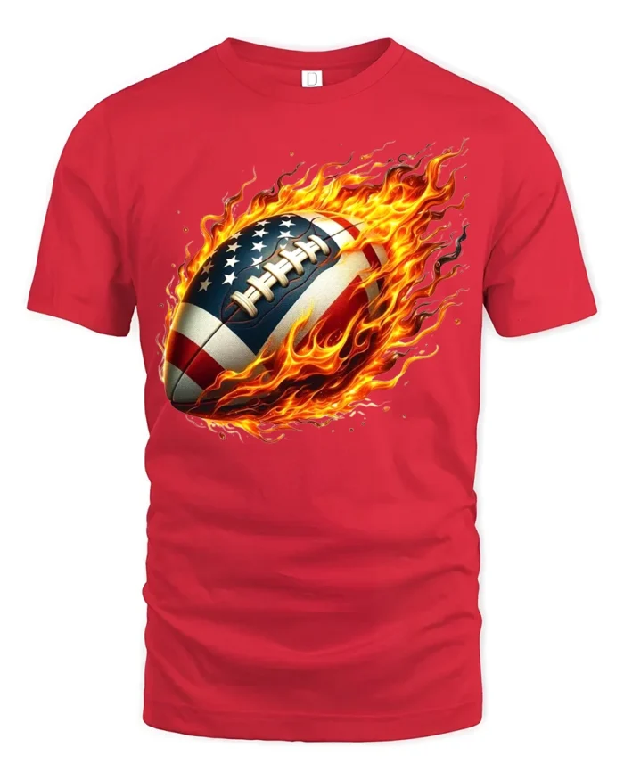 Flaming USA Football Patriotic Game T-Shirt - red t-shirt on white background