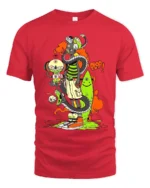 Surreal Monster Stack Funny Cartoon Art T-Shirt - red t-shirt on white background