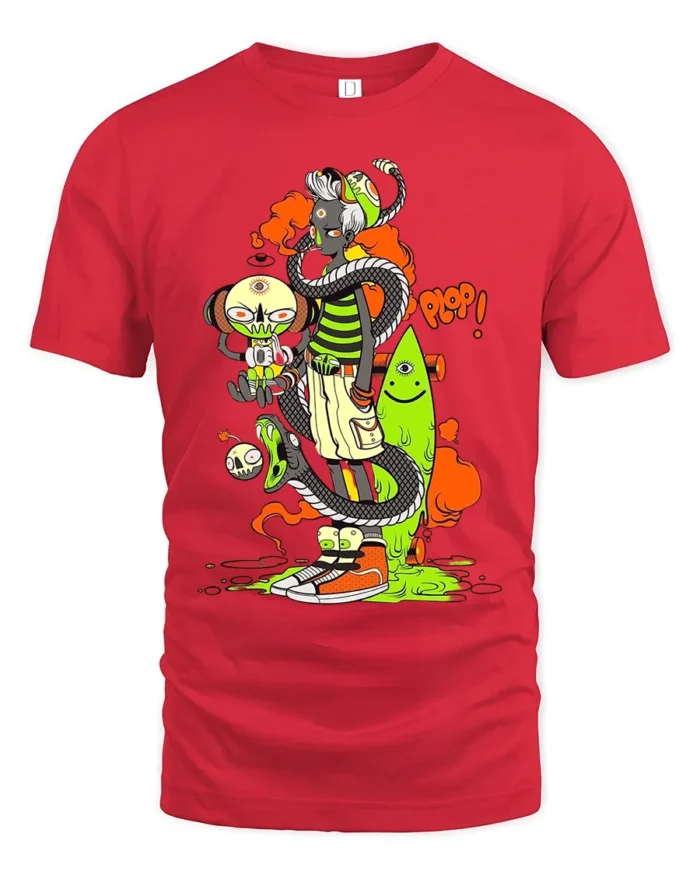 Surreal Monster Stack Funny Cartoon Art T-Shirt - red t-shirt on white background