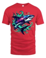 Galaxy Shark Cosmic Space Predator T-Shirt - red t-shirt on white background