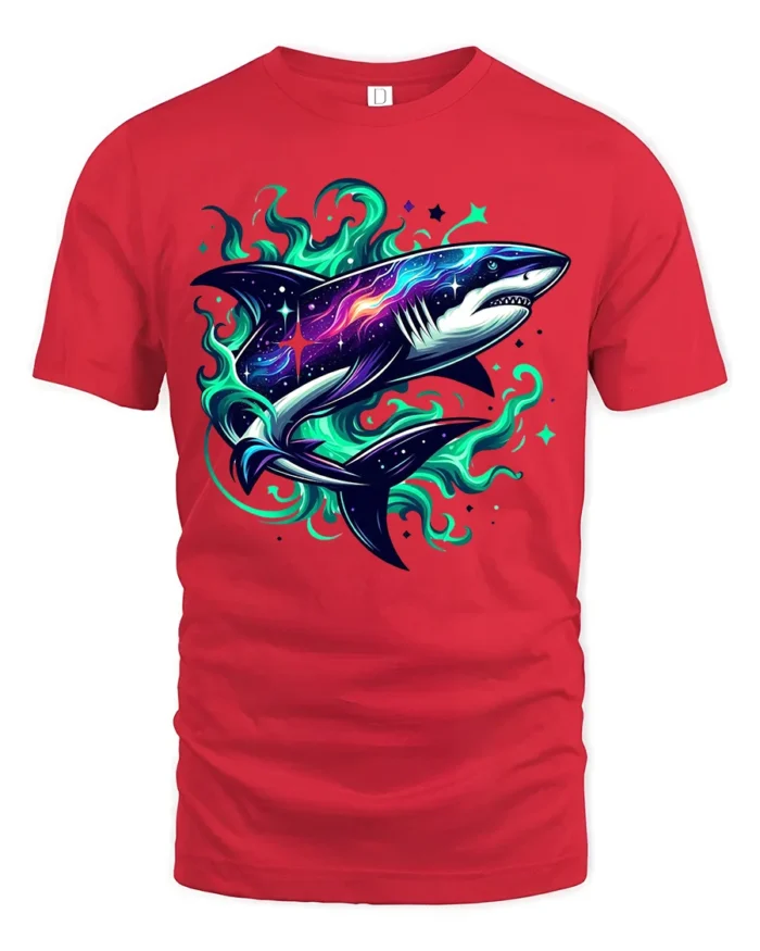 Galaxy Shark Cosmic Space Predator T-Shirt - red t-shirt on white background